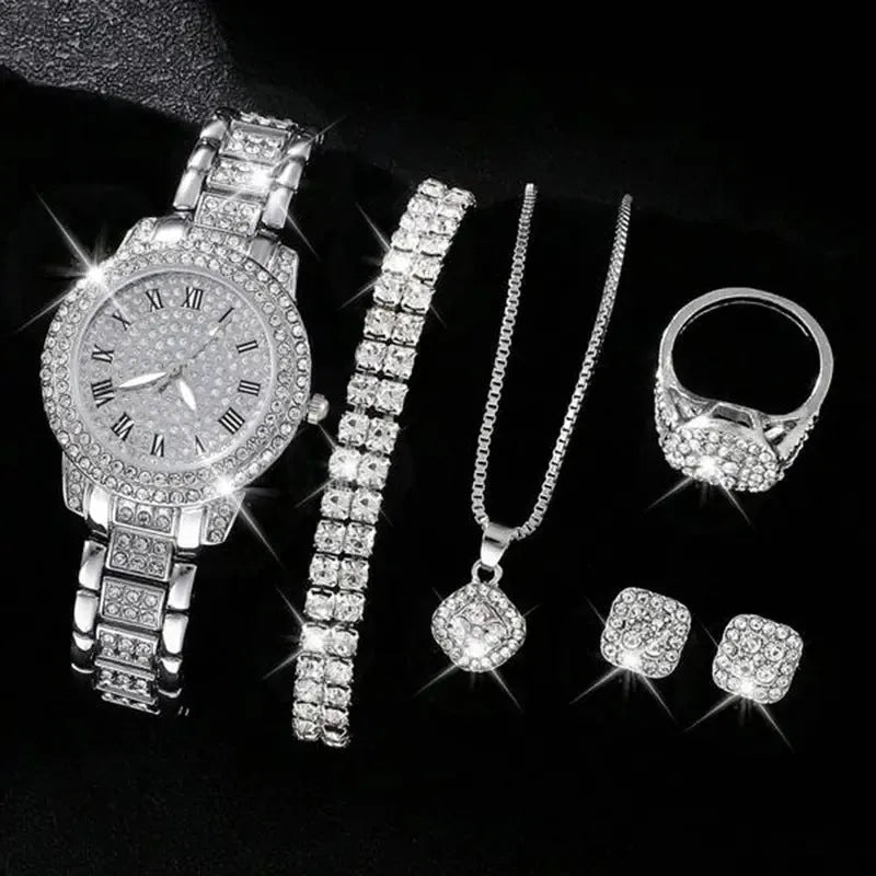 Women's Diamond Fashion Roman Quartz Watch five-piece set with alloy strap and round dial