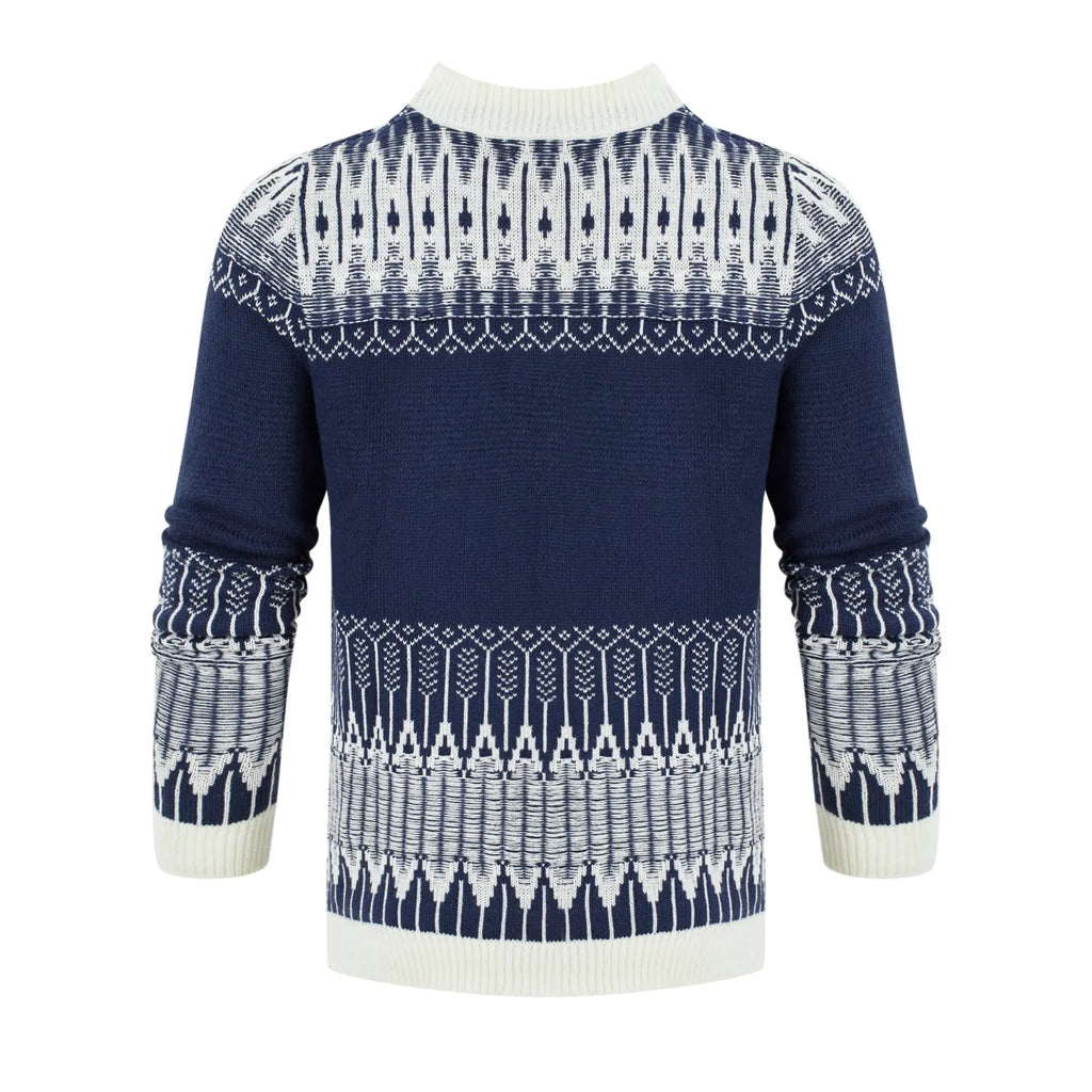 Men's grey cable-knit long sleeve pullover sweater on a hanger