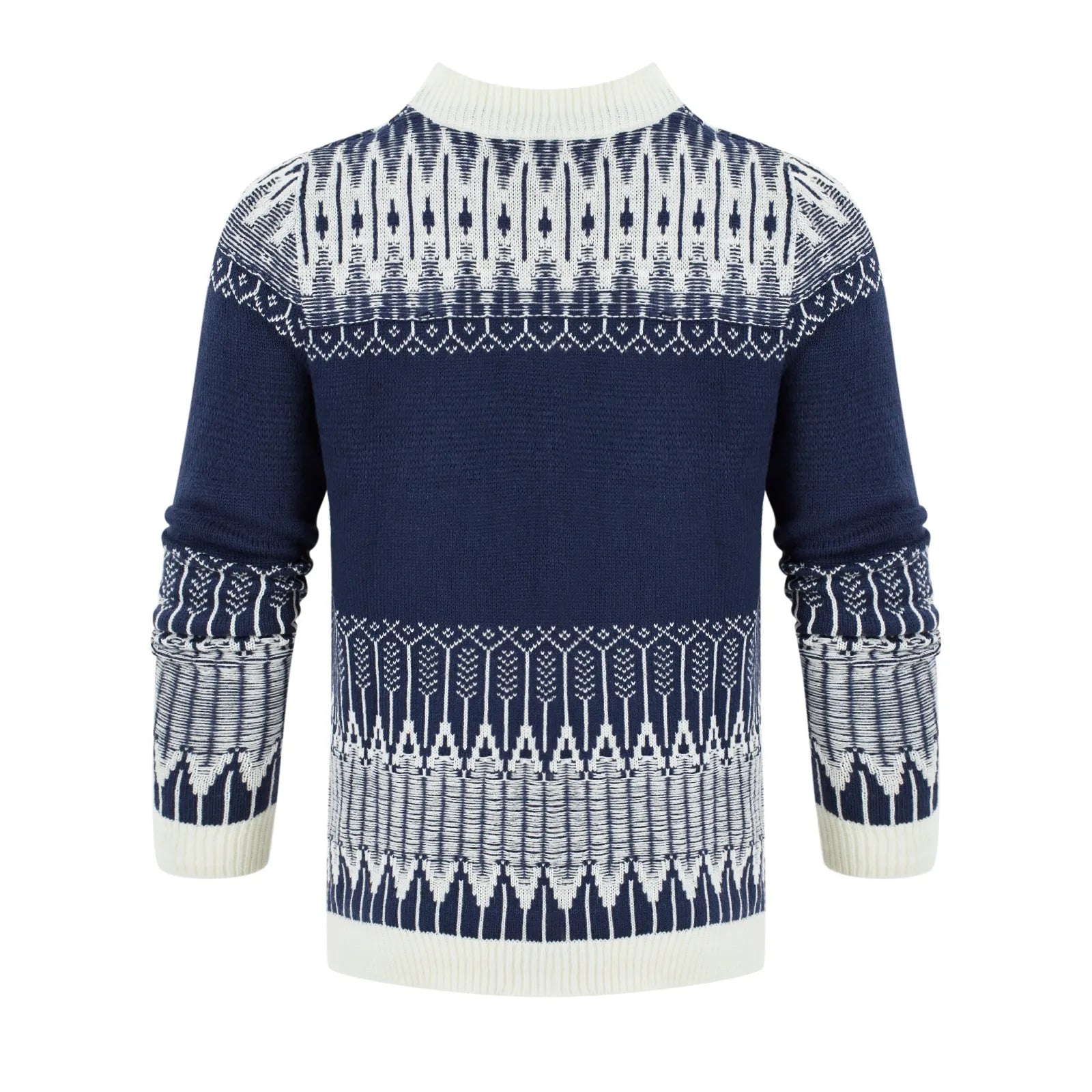 Men's grey cable-knit long sleeve pullover sweater on a hanger