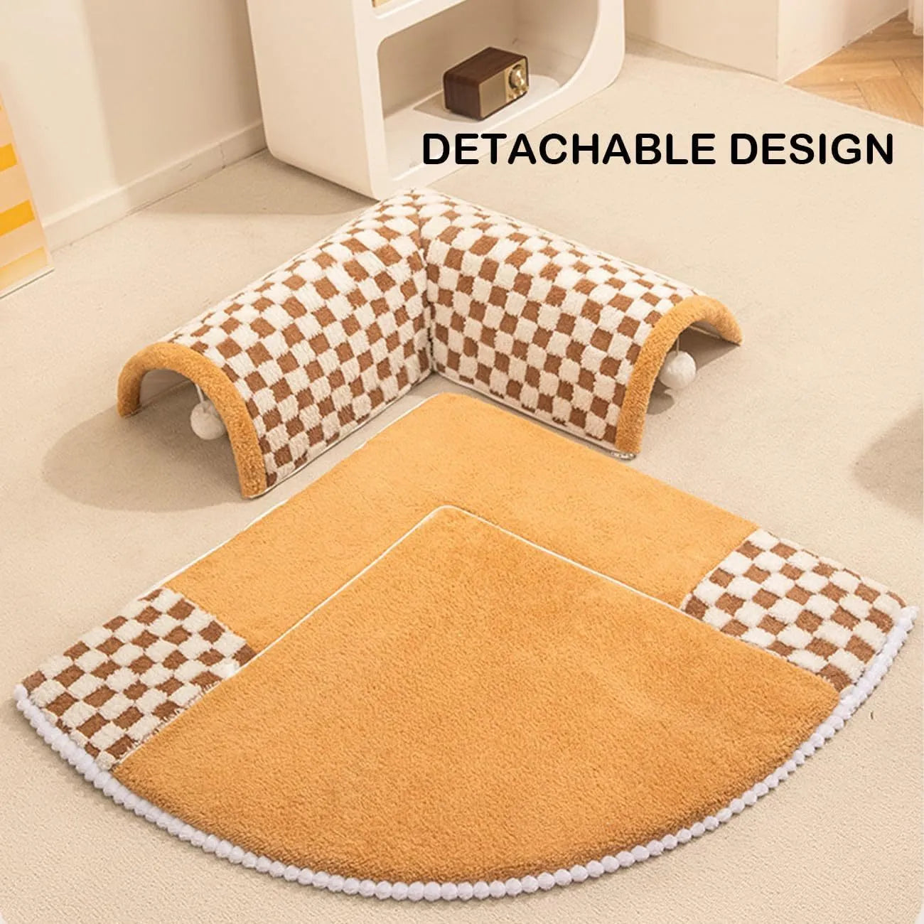 Large XL fan-shaped plush pet bed with integrated play tunnel in coffee colour, showing anti-slip base.