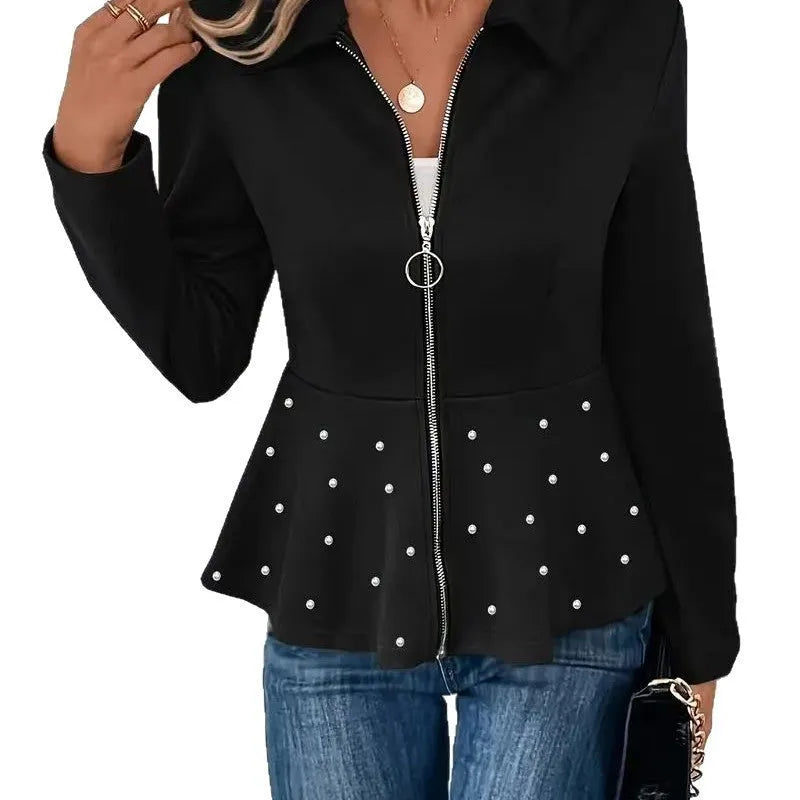 Women's black coat with beaded heavy-duty zipper and ruffled hem, loose fit with long sleeves