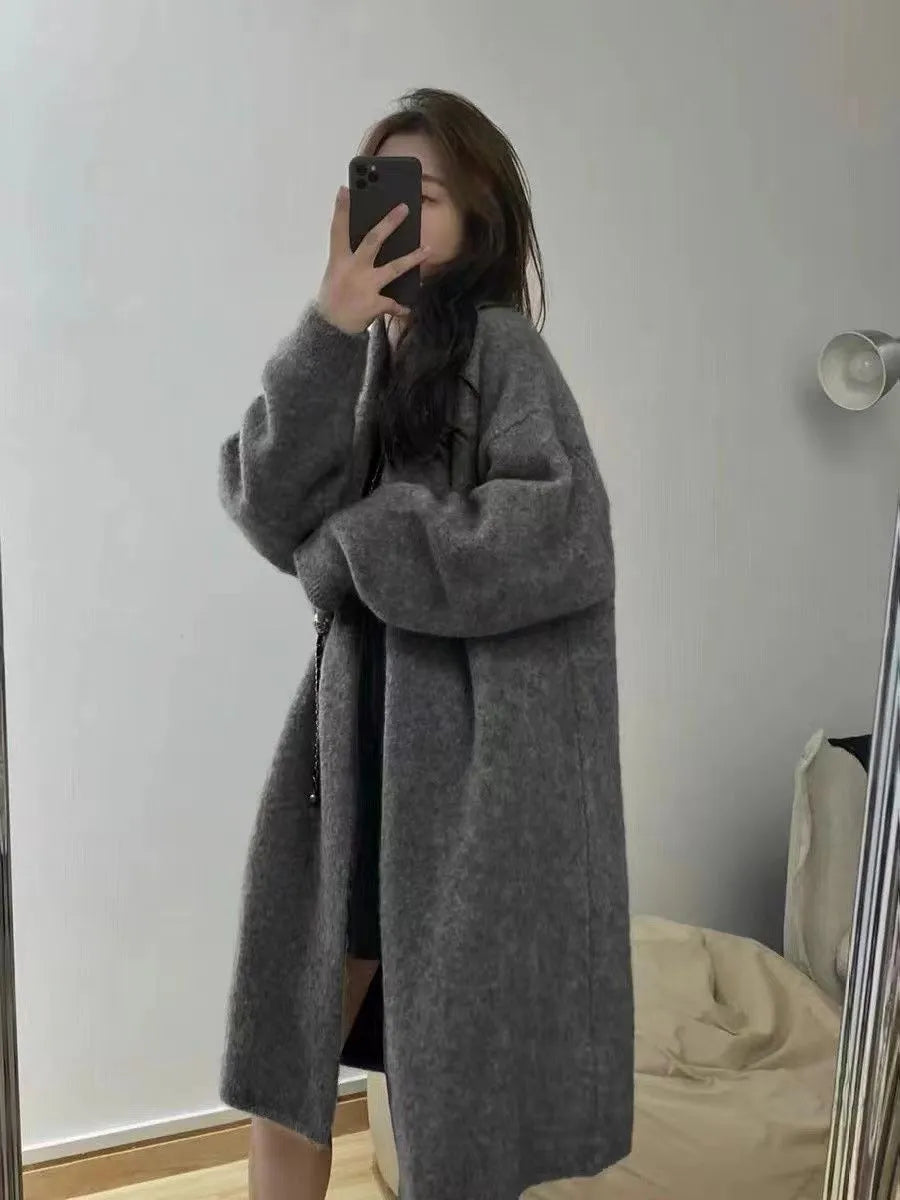 Women's loose fit mid-length knitted cardigan in khaki colour with V-neck and long sleeves