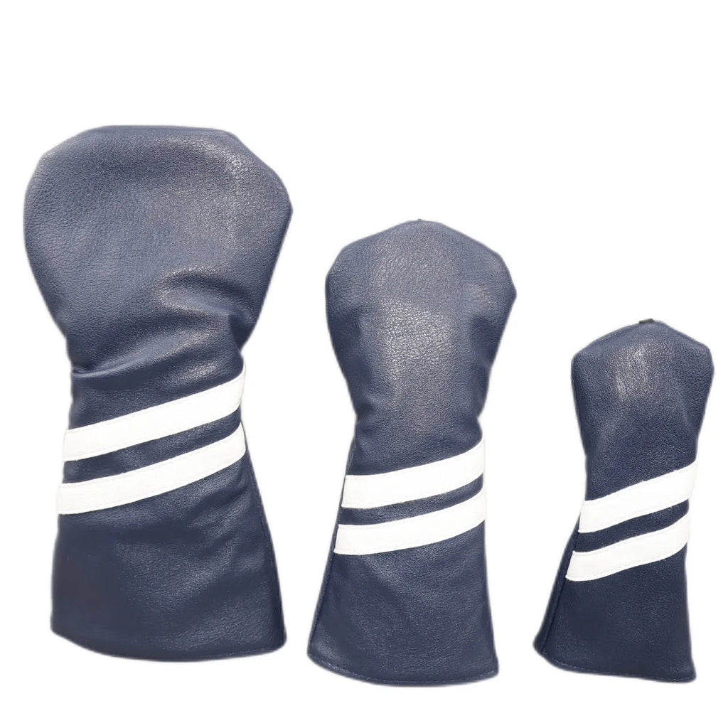 Golf club head cover with two oblique stripes in pu material, shown in available colours with size comparison
