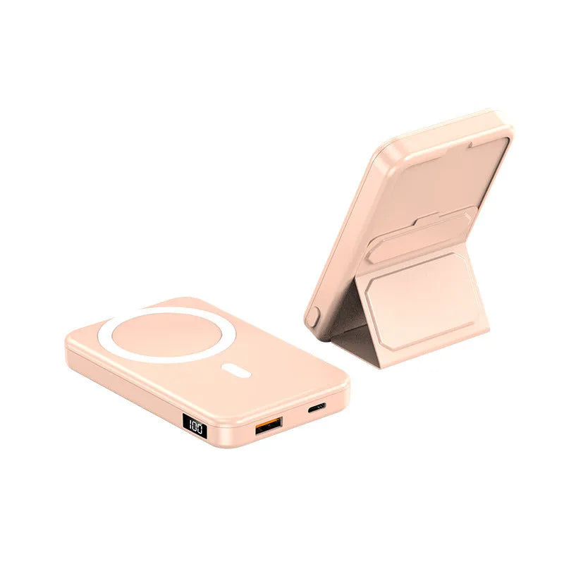 Magnetic wireless charging power bank with folding stand in pearl white colour.