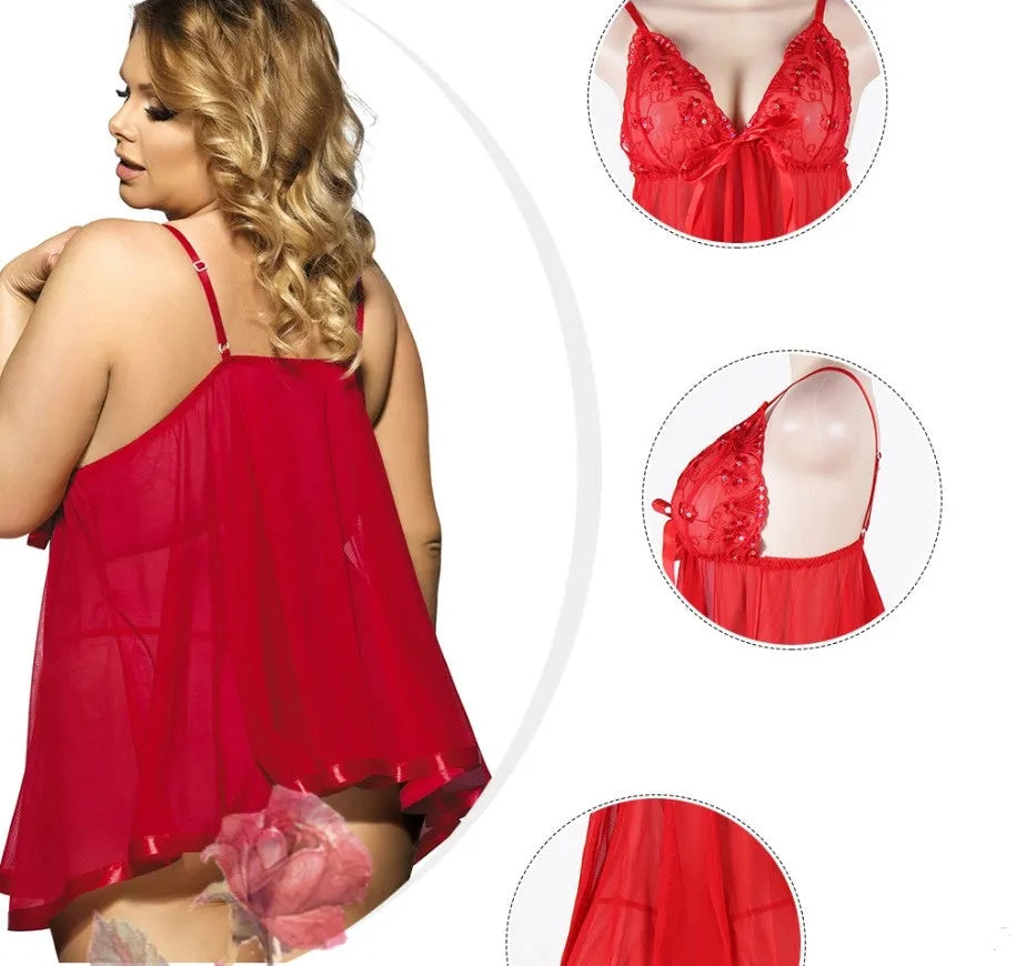 Women's purple seamless lace mesh sleepdress lingerie for plus sizes, shown on a hanger.