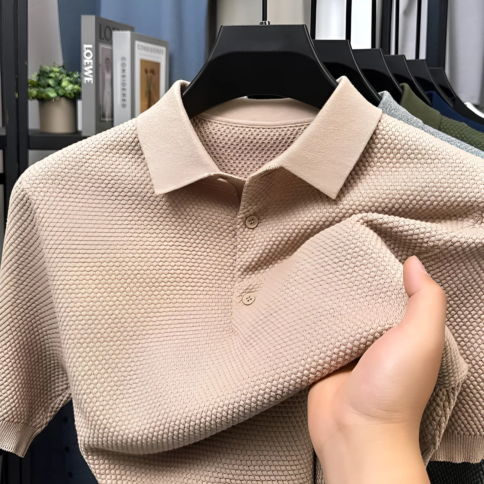Men's loose fit cotton short sleeve sweater in six colour options showing pullover style