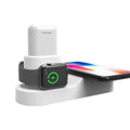 Black W3 wireless charging station showing phone, Apple Watch, and earphones charging simultaneously.