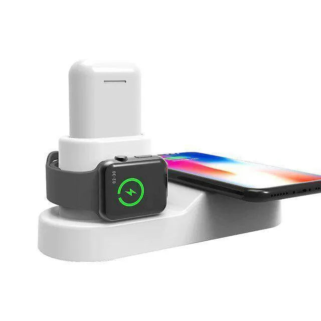 Black W3 wireless charging station showing phone, Apple Watch, and earphones charging simultaneously.