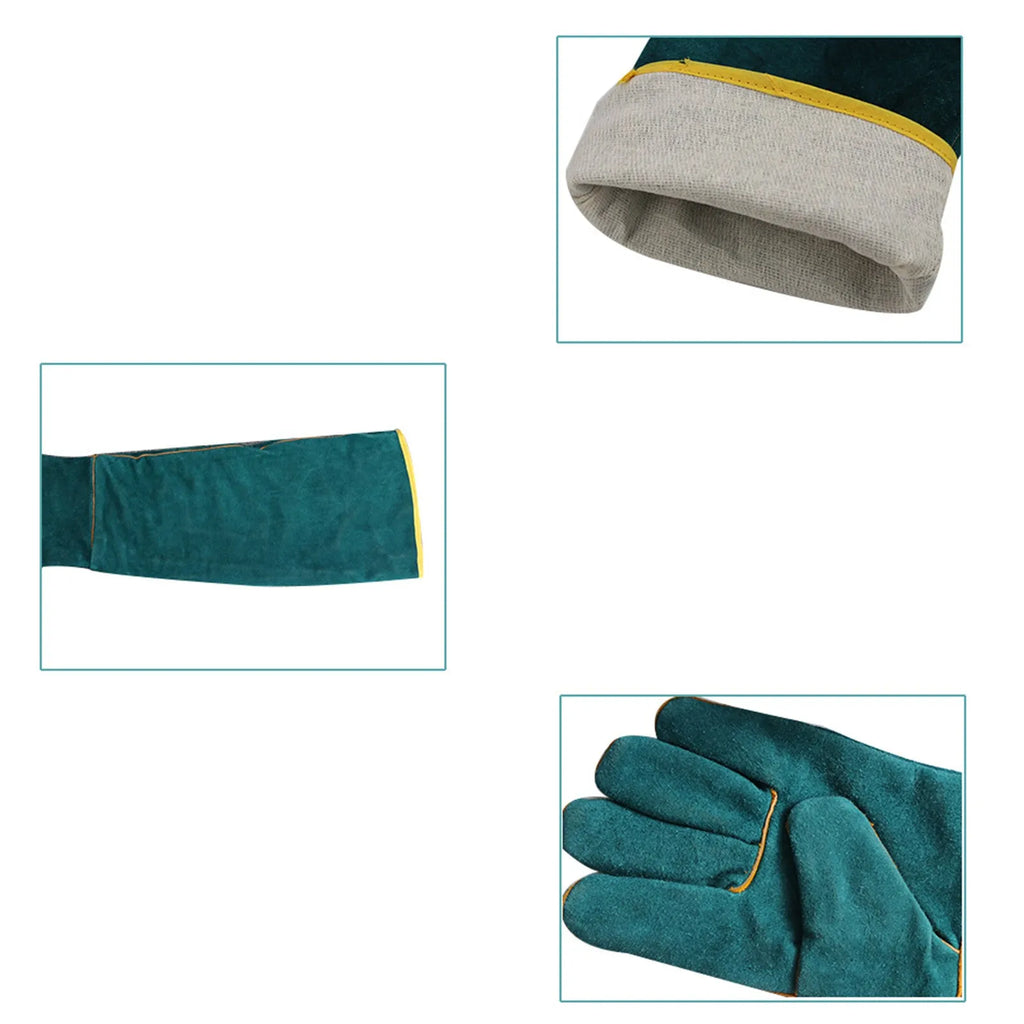 Dark green cowhide leather animal handling gloves with extended sleeve cuffs.