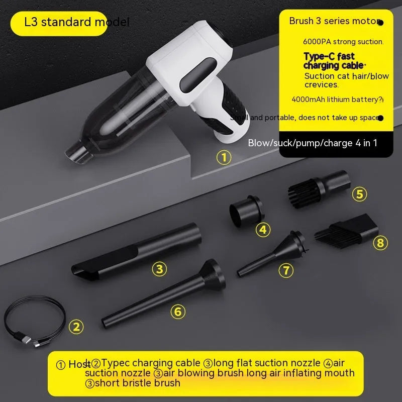 Standard Black car wireless handheld vacuum cleaner with 6KPa suction, 4000mAh battery, and Type-C port