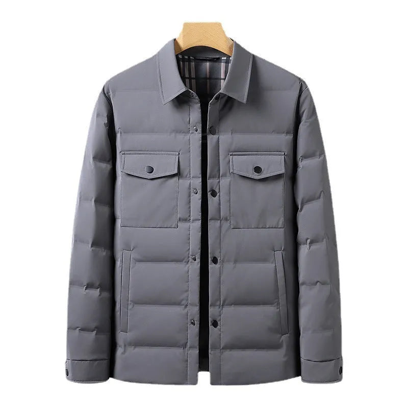 White duck down simple polo collar jacket in black with thickening build, polyester shell, sizes M to 4XL