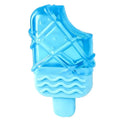 Set of three plastic dog chew toys: a blue pacifier, a red popsicle, and a green ring, designed to be filled with water and frozen.