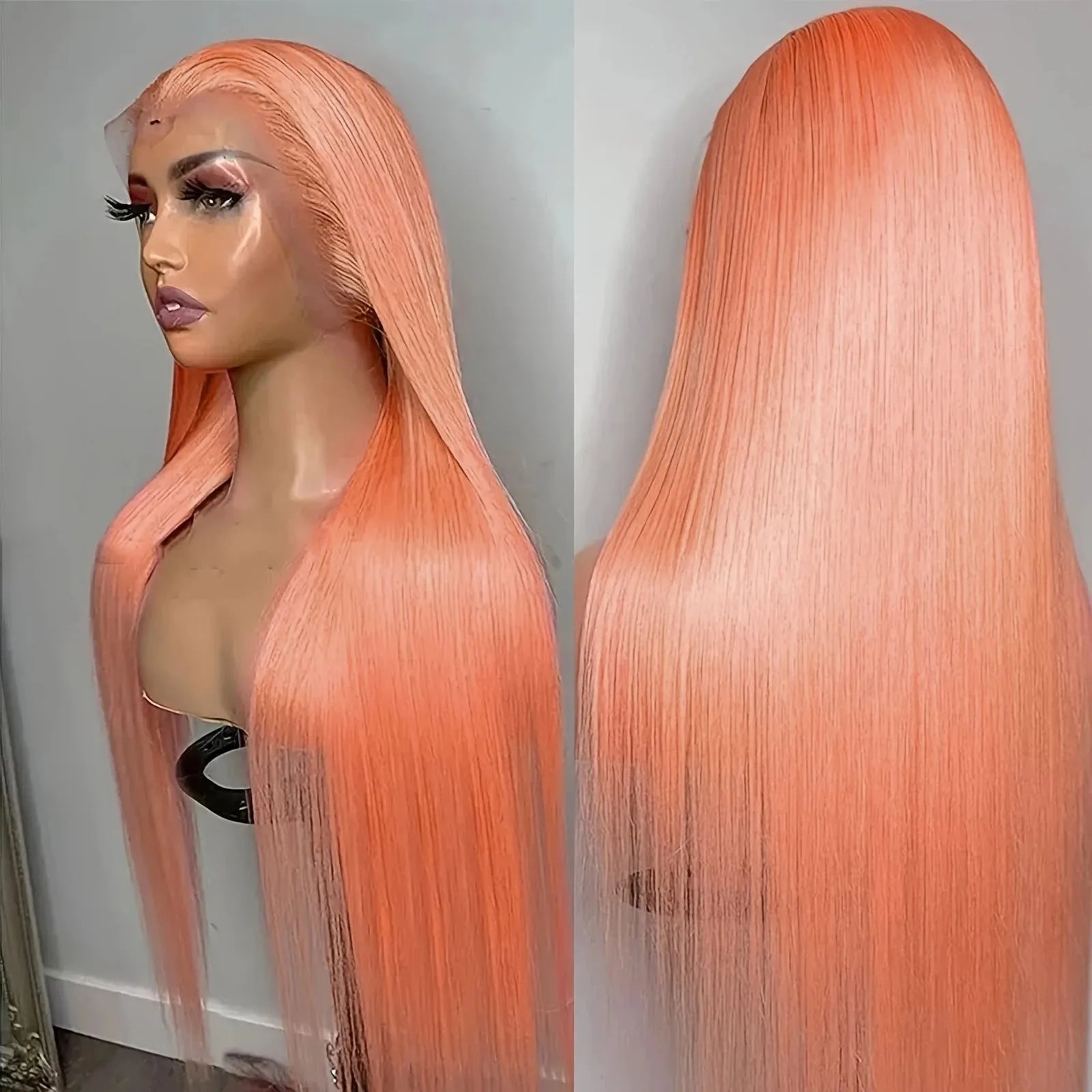 Light orange long straight front lace synthetic wig with side bangs on a model.