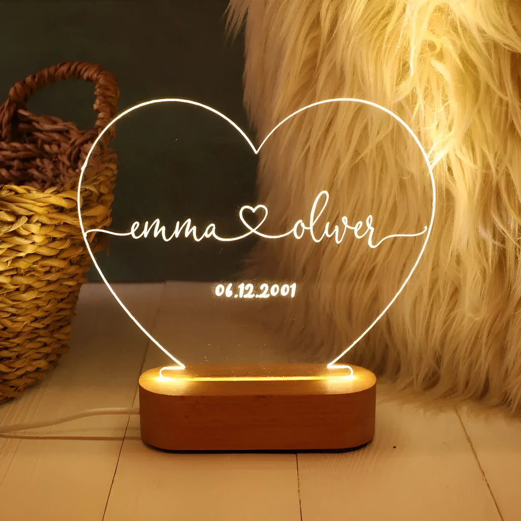 Personalised acrylic LED night light with custom names and date engraving