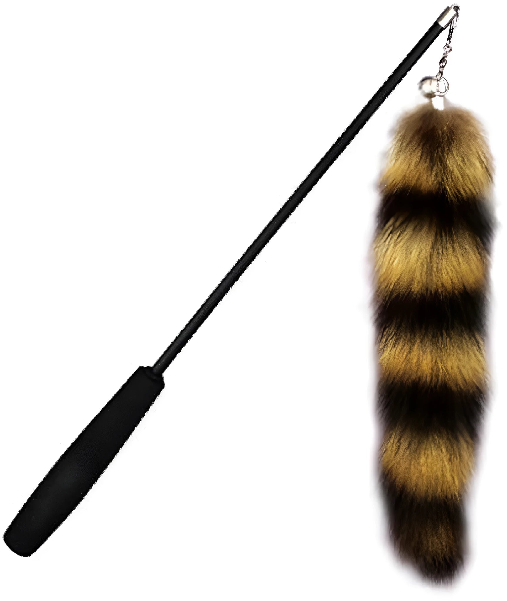 Black cat toy wand with feather teaser on elastic string measuring 42cm
