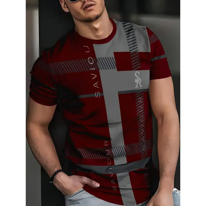 Men's striped short-sleeved t-shirt with digital 3D printing in loose fit polyester