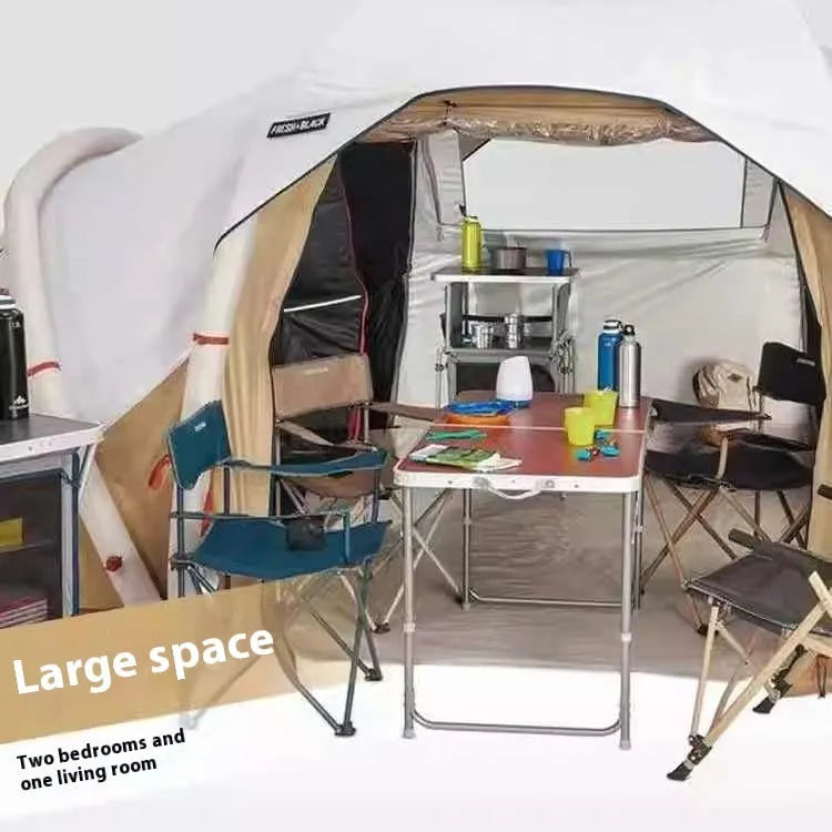 Inflatable camping tent for 4 people with hand pump, double-sheet design, polyethylene base, and shading rainfly