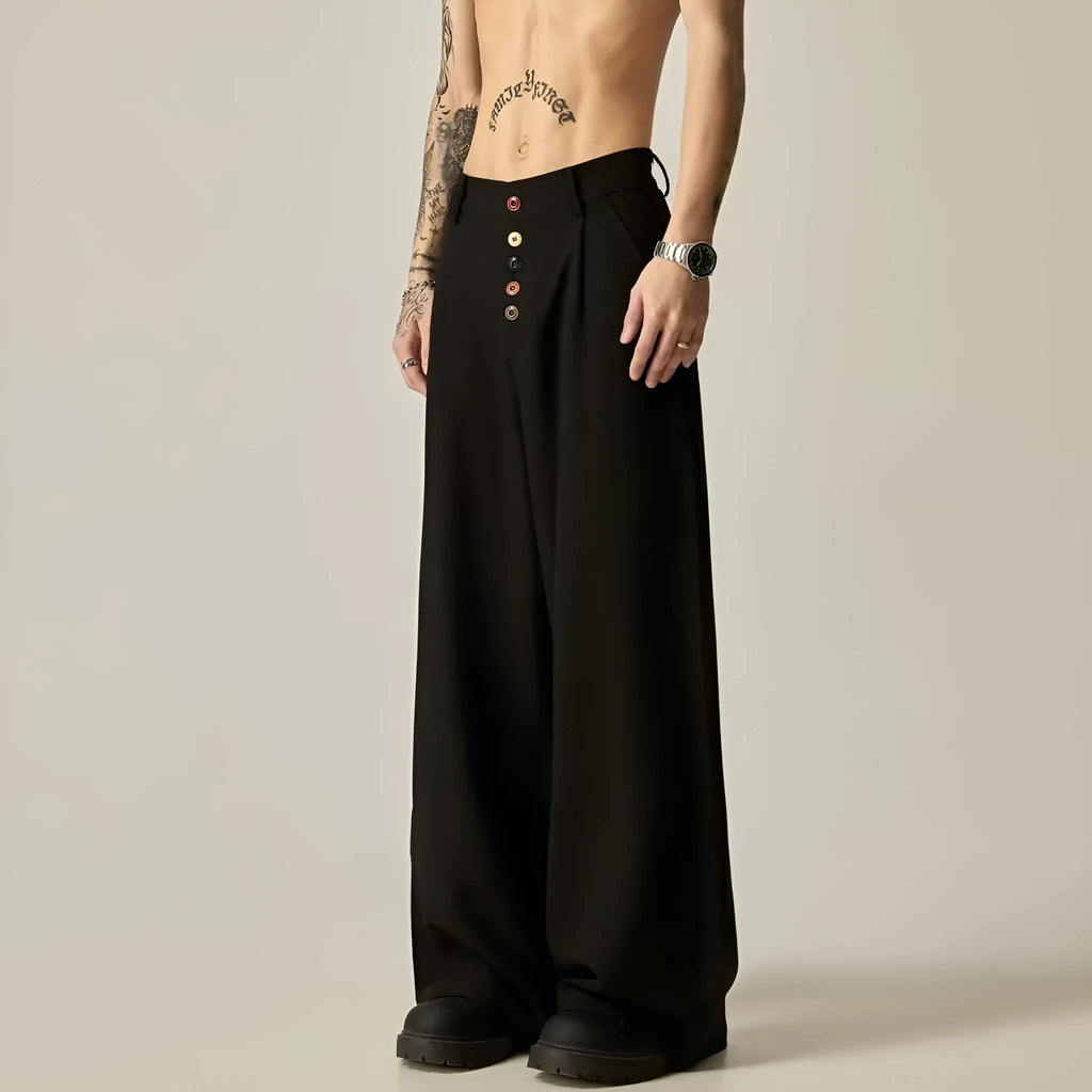 Men's black wide-leg casual trousers with elasticated mid waist and button fly in polyester-cotton blend fabric