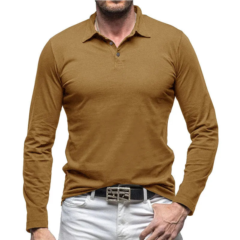 Men's dark grey long sleeve cotton t-shirt with a polo collar, American retro style, laid flat.