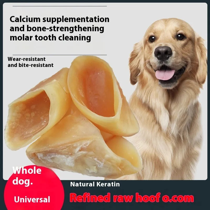 Natural cowhide dog grinding chew toy with a hoof shell, shown in two sizes for small and large dogs.
