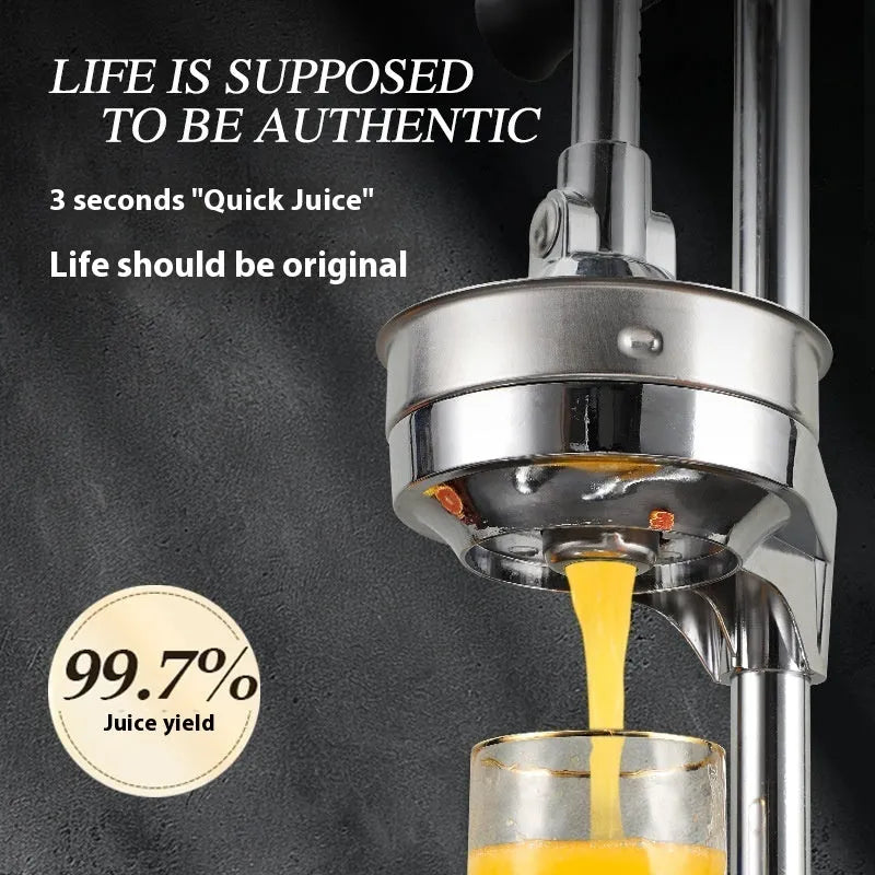Stainless steel manual vertical citrus juicer on a countertop, showing optional colour finishes and head styles.