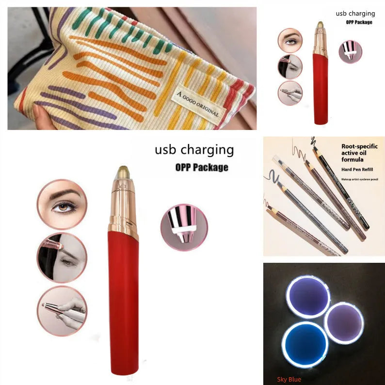 Eyebrow epilator pen with gold plated head and LED light on pink background
