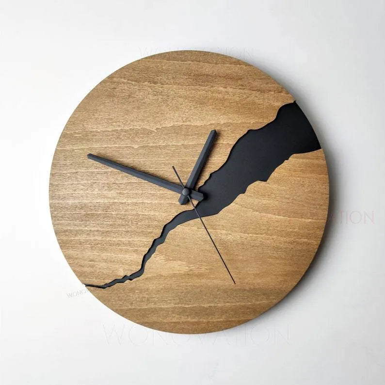 Modern wooden wall clock with crack effect finish, 20cm diameter, showing style option
