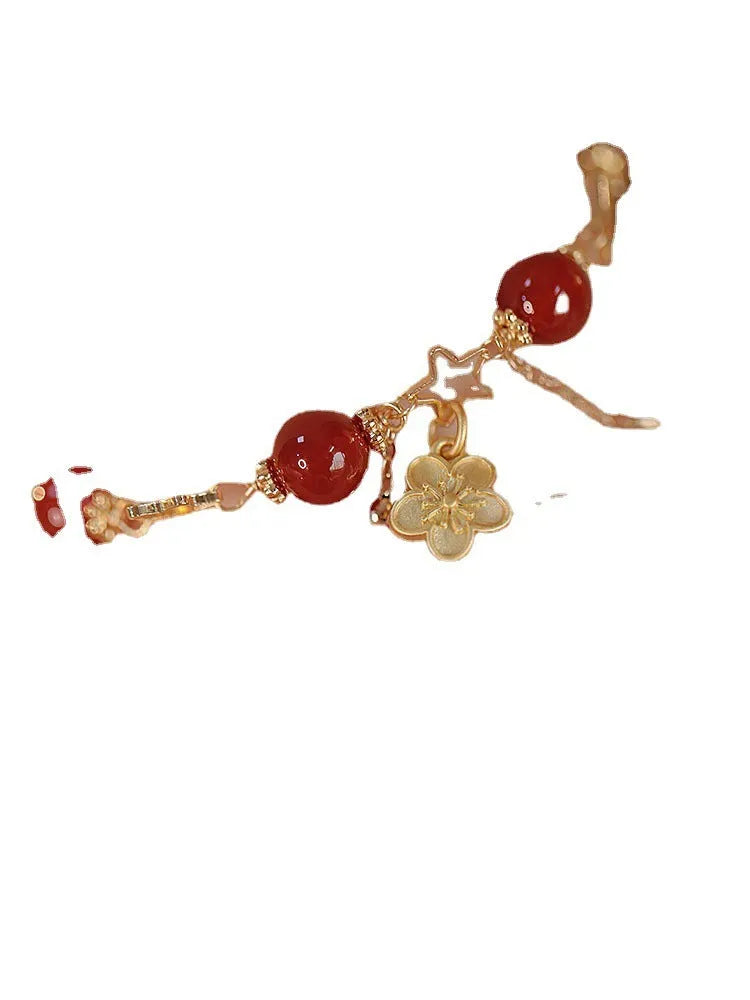 Red agate double layer bracelet with peach blossom charm and manual craftsmanship details