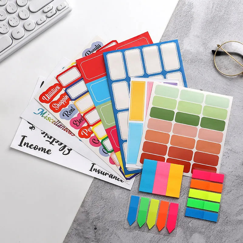 Handwritten labels and adhesive stickers with grid patterns on paper material