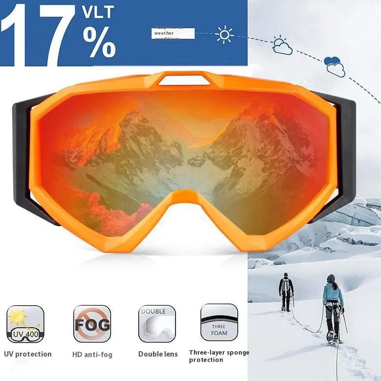 Motorcycle goggles with double-layer anti-fog design in multiple colour options including black frame with grey lens.