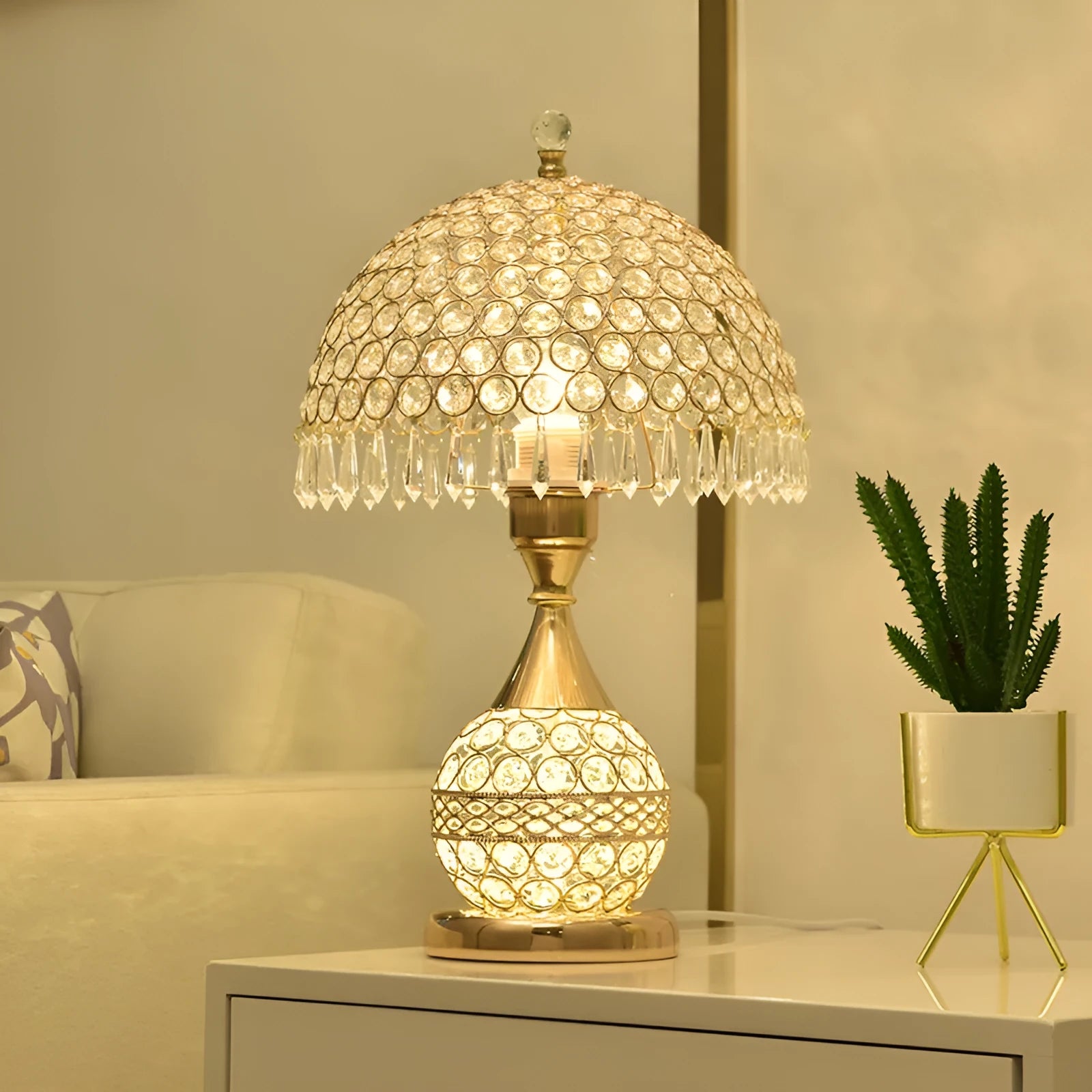 Gold crystal desk lamp with handcrafted pendant on iron art base for bedroom bedside table