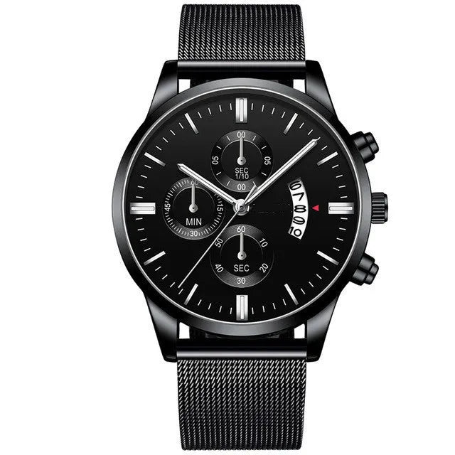 Men's stainless steel mesh band quartz watch with analog display in multiple colour options