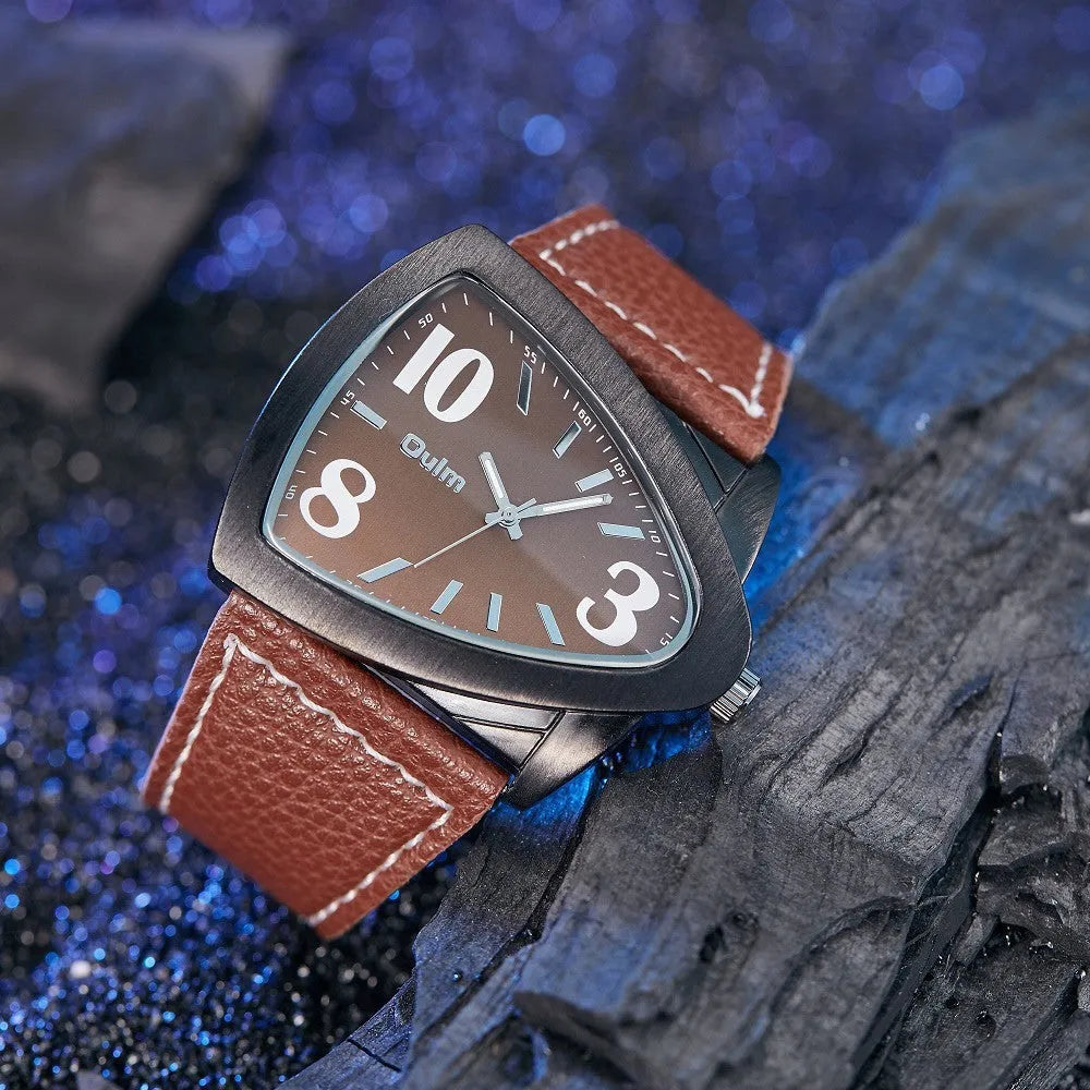 Men's casual watch with a distinctive triangular belt strap and a slim 9mm case, shown in brown colour.