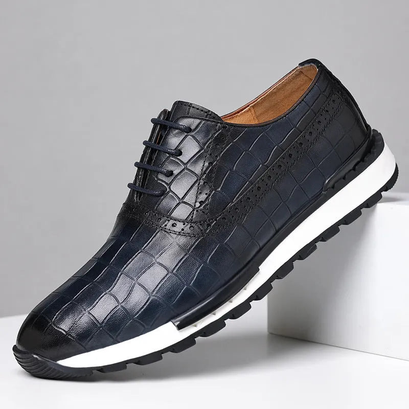Men's brown lace-up casual calf leather loafers with rubber sole and low heel on display