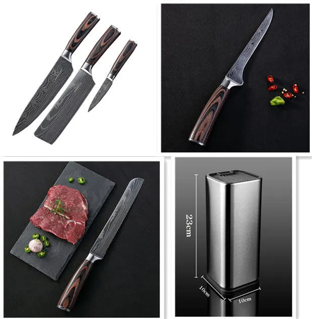 Chef knife with laser Damascus pattern blade, colour steel handle, showing 18cm blade length