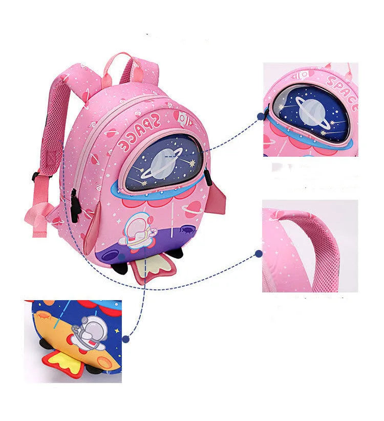 Breathable cartoon rocket anti lost kids backpack in pink SBR diving material with astronaut print