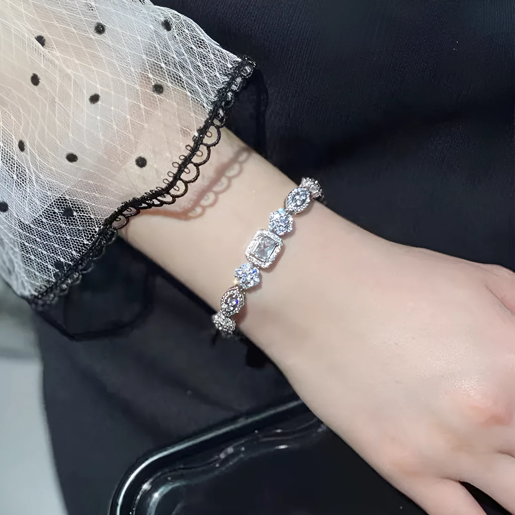 Women's sterling silver plated bracelet with zircon inlaid stones in geometric luxury style