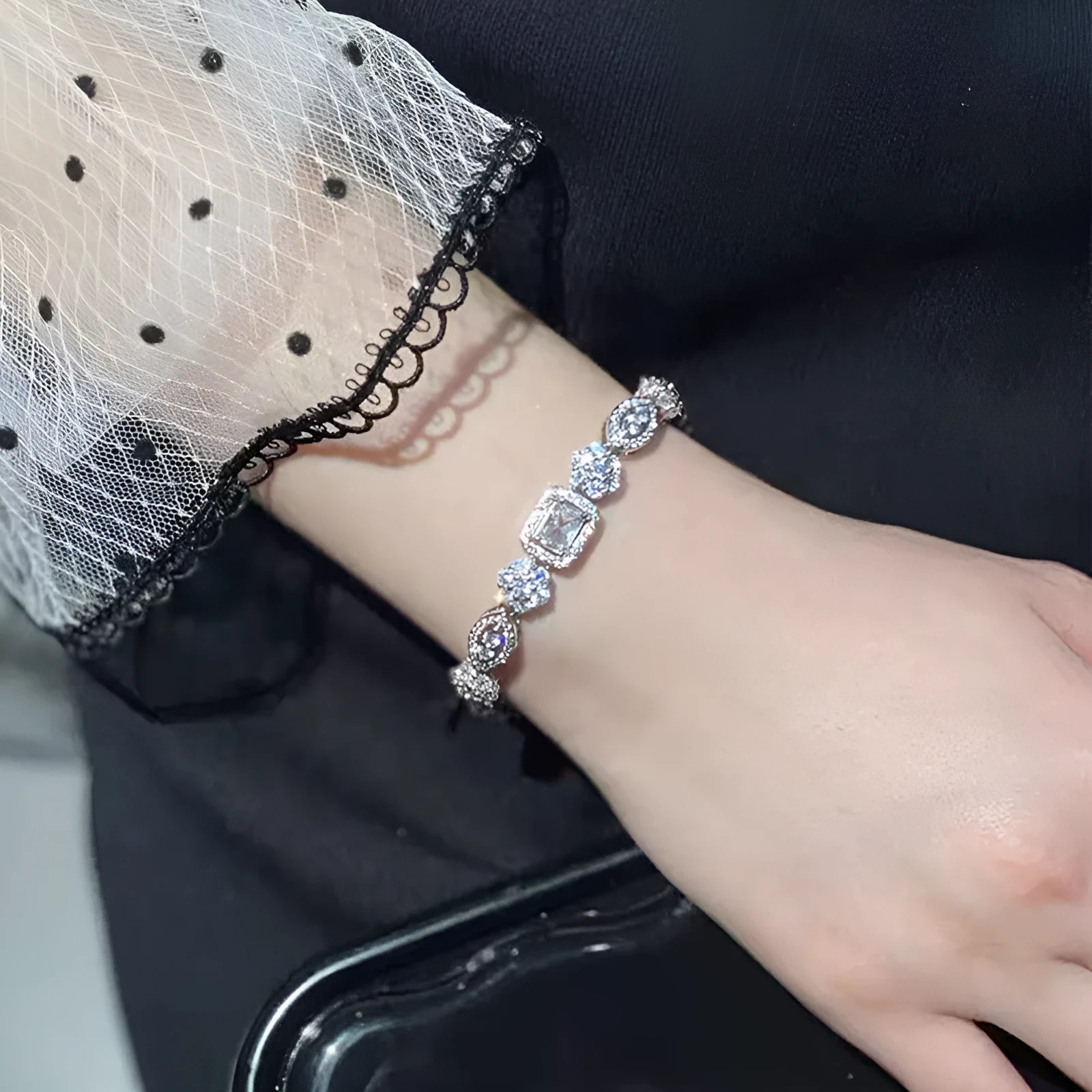 Women's sterling silver plated bracelet with zircon inlaid stones in geometric luxury style