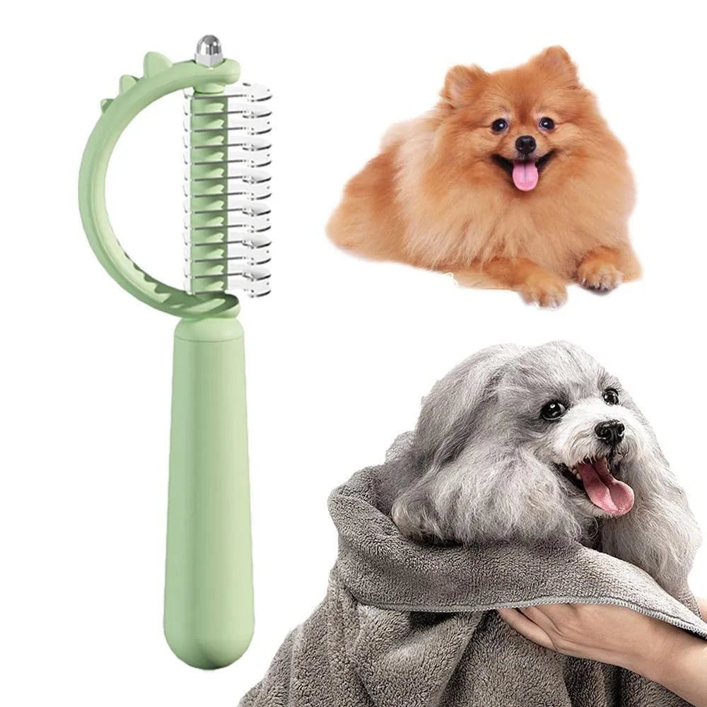 Blue dinosaur-shaped self-cleaning cat brush with double-sided stainless steel bristles