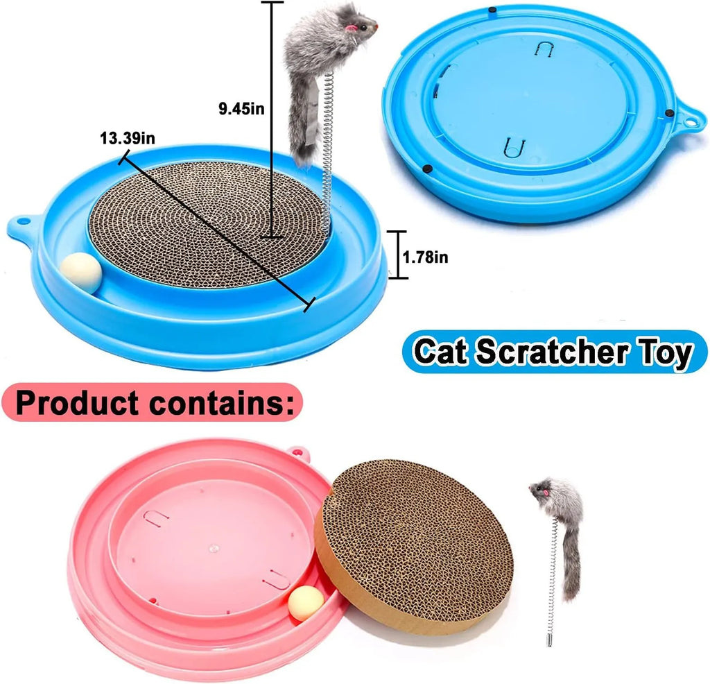 Circular blue cat scratcher with ball track and replaceable centre pad for furniture protection
