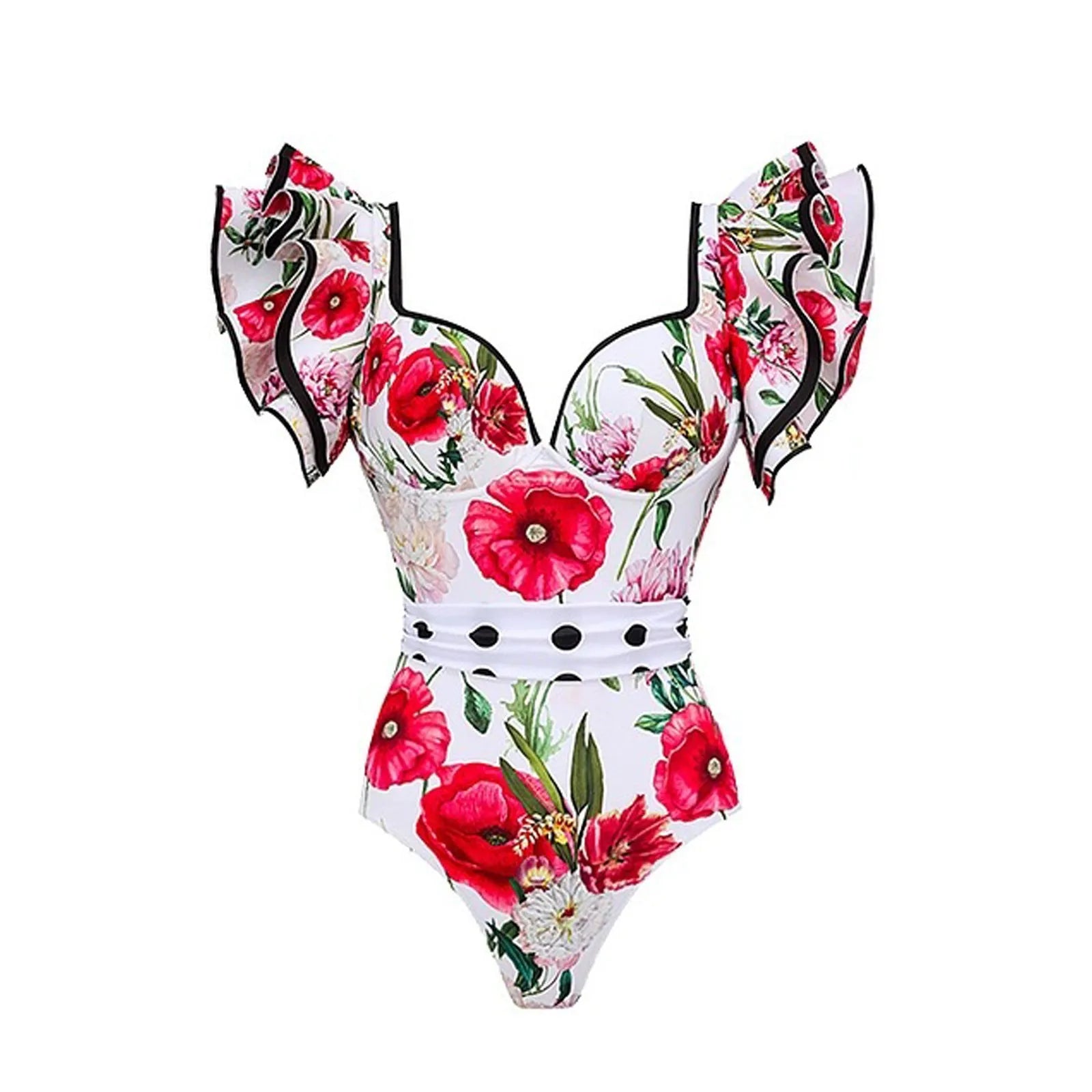 Women's printed polyester one-piece swimsuit on a hanger.