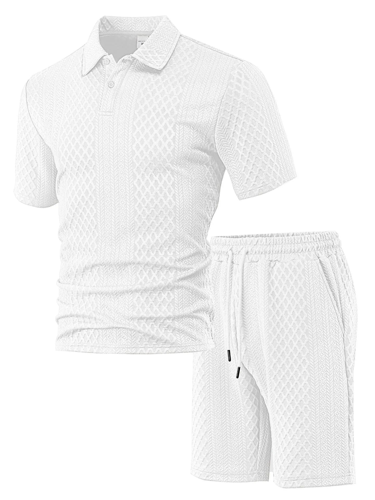 Men's patterned polyester casual suit set with short sleeve polo top and matching trousers