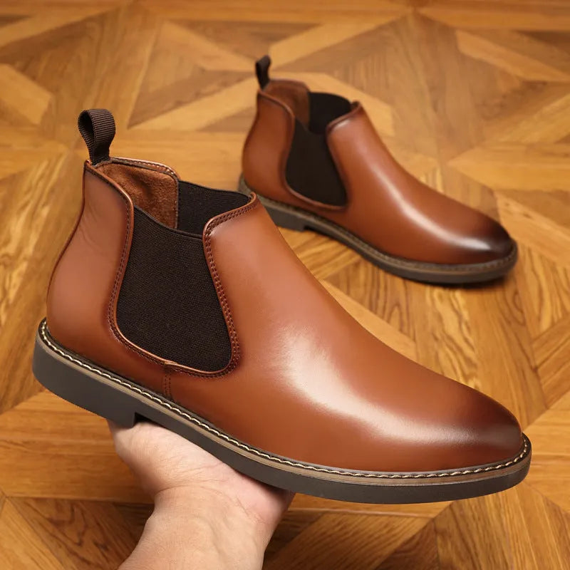 Men's black formal pointed-toe leather boots with a square heel and rubber sole.