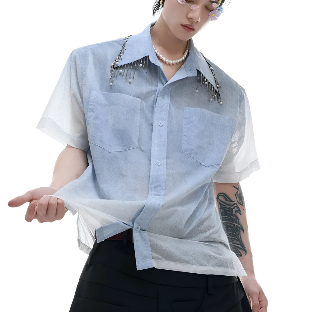 Men's blue and white gradient quilted loose fit short sleeve shirt