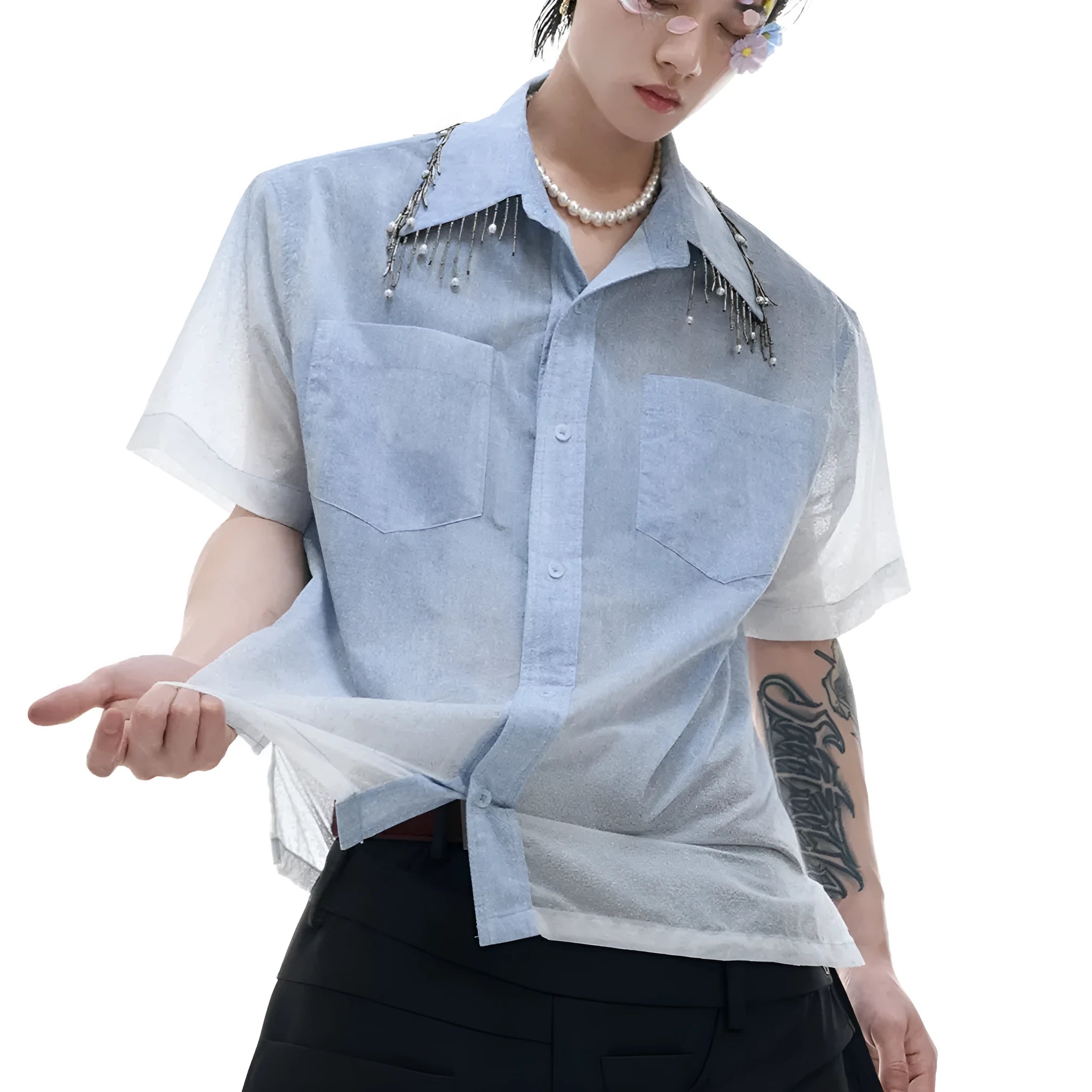 Men's blue and white gradient quilted loose fit short sleeve shirt