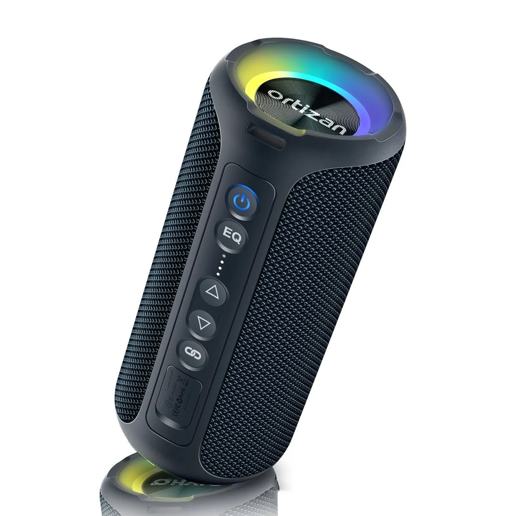 Black and blue fabric Bluetooth speaker with RGB lighting showing waterproof outdoor design
