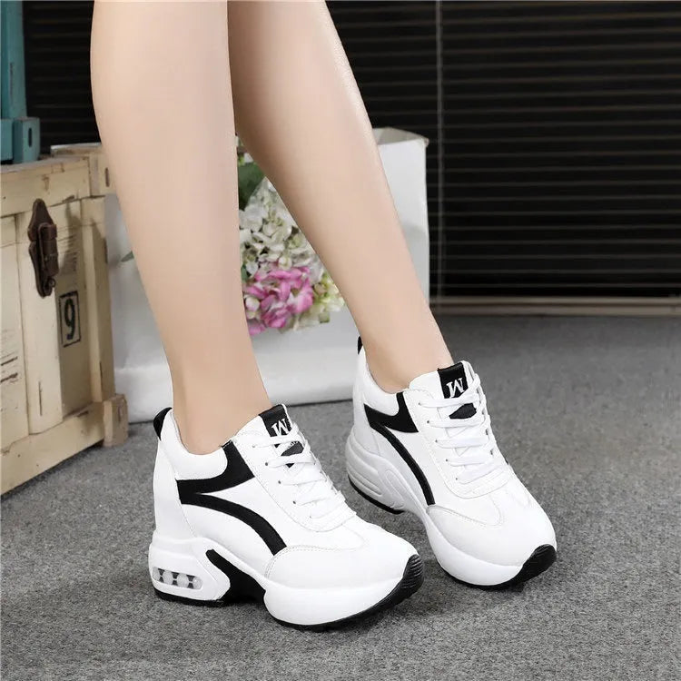 Women's wedge platform height increasing shoes with PU upper, round toe, 6-8cm heel, available in white, black and pink