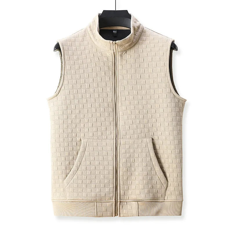 Men's casual sleeveless waistcoat cardigan in black, shown on a model for scale.