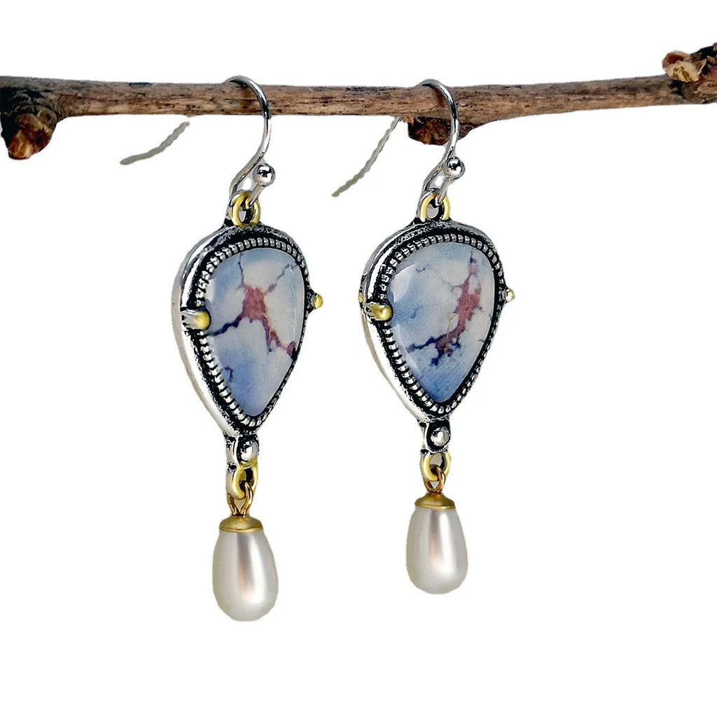 Retro blue Bohemian drop earrings with synthetic opal and pearl accents, 49mm length