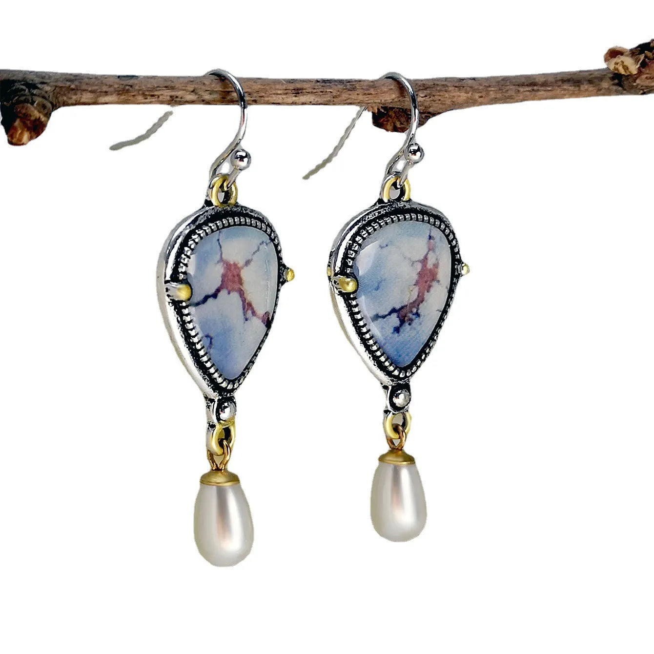 Retro blue Bohemian drop earrings with synthetic opal and pearl accents, 49mm length